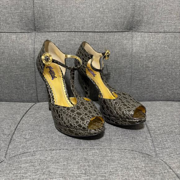 Hale Bob High Heel Shoe Women 7 Black Gray Alligator Leather Pump Peep Toe - Picture 3 of 9